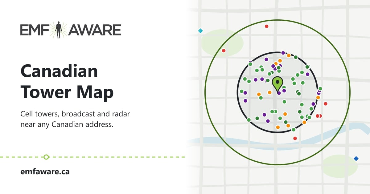 EMF Aware Canadian Tower Map: rings around a searched address with nearby cell, broadcast and radar sites