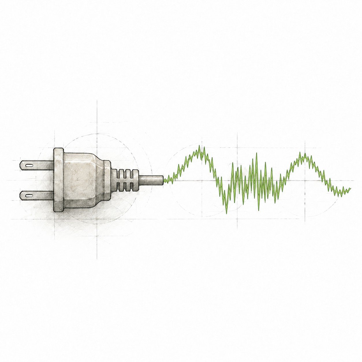 Illustration of a plug with a jagged waveform, representing dirty electricity