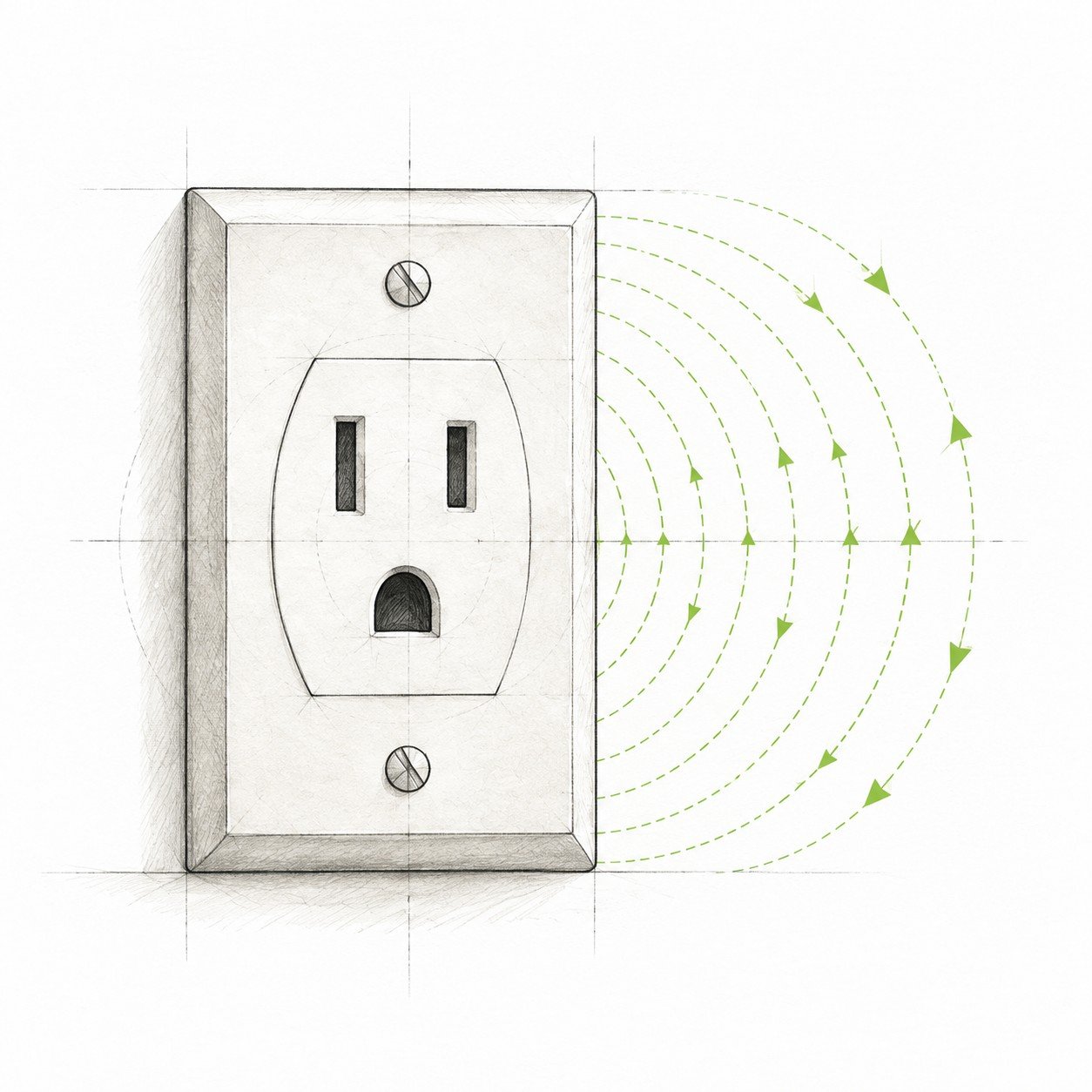 Illustration of an electrical outlet with field lines, representing AC electric fields