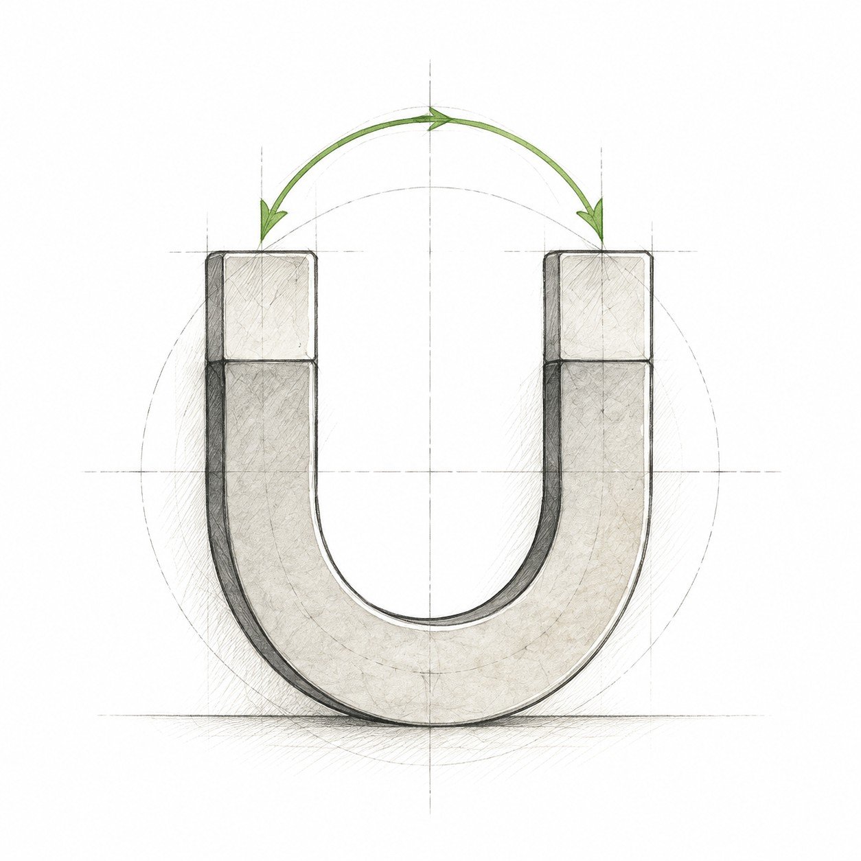 Illustration of a horseshoe magnet with a field arc, representing AC magnetic fields