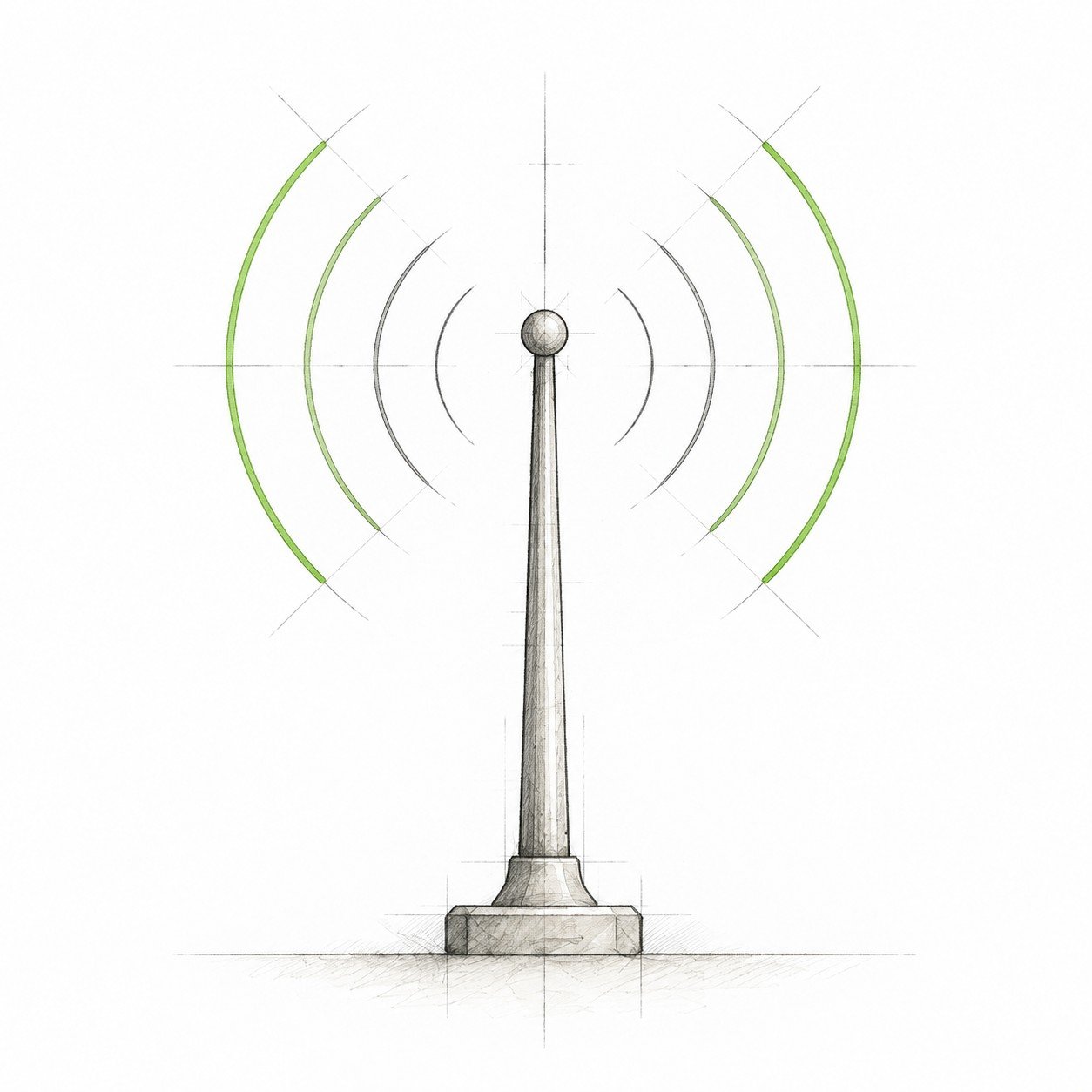 Illustration of an antenna with signal contours, representing radiofrequency