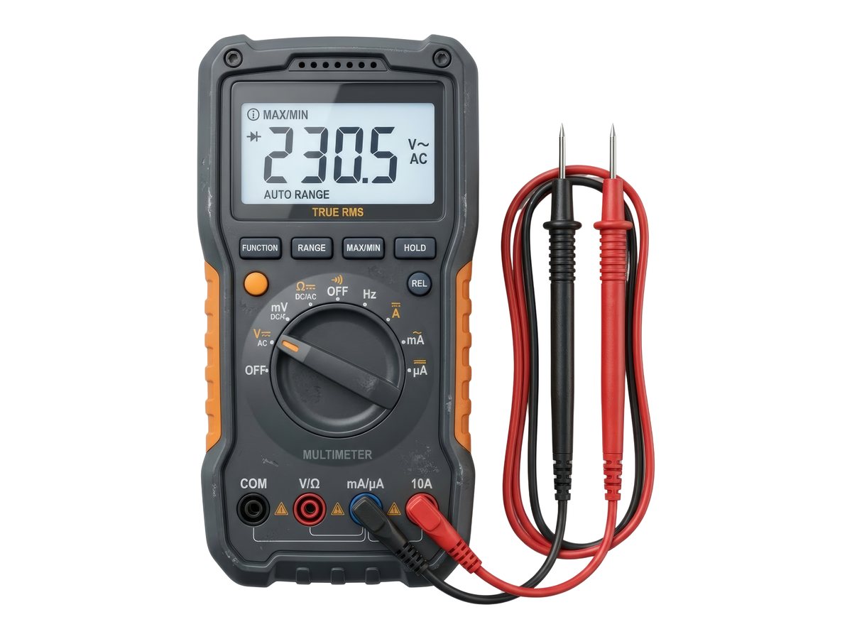 A digital multimeter with red and black test probes.